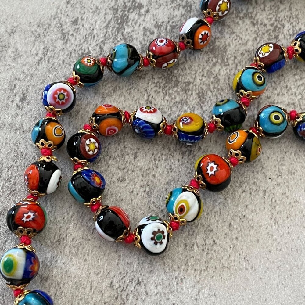 Vintage Murano Mille Fiori 7mm Hand Blown Glass Beads Strand Necklace 18" - Picture 3 of 6